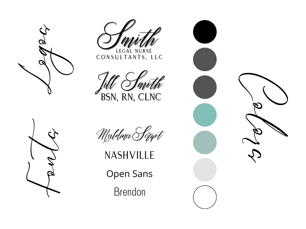 Modern business branding elements featuring fonts and color palette for legal nurse consulting firm.