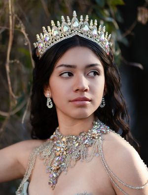 Young woman wearing an ornate crystal crown and jeweled necklace, posing elegantly in a formal portrait.