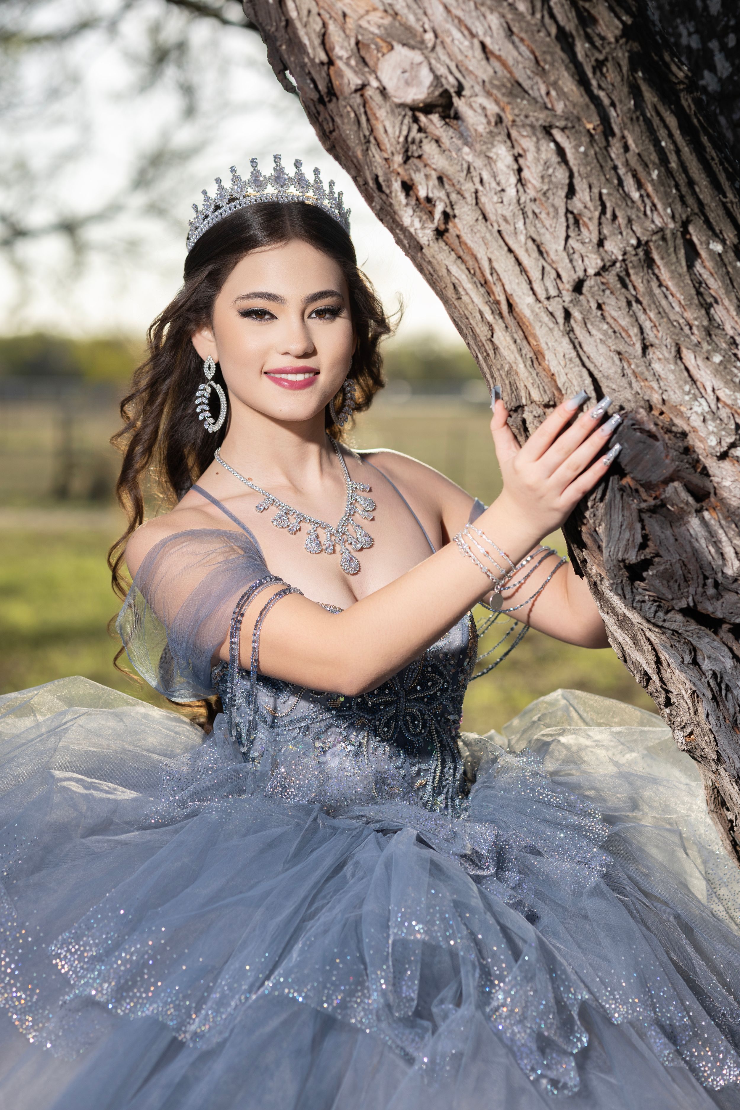 Young woman in silver ball gown and crystal crown poses gracefully by a tree outdoors.