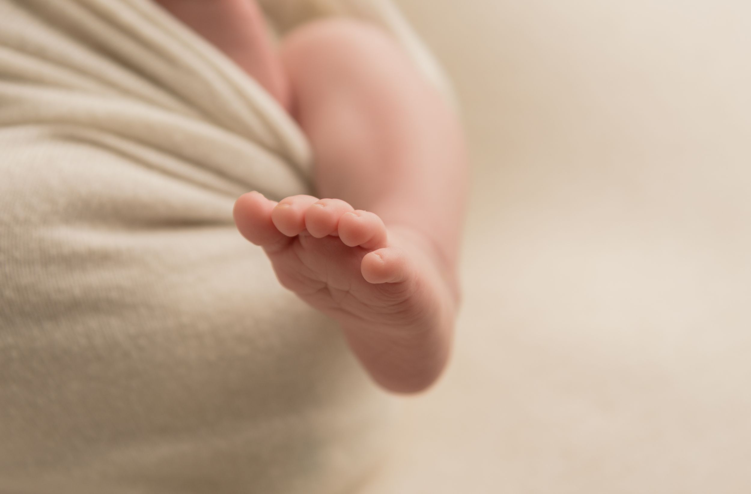 Close-up macro photograph of newborn toes in soft natural light.