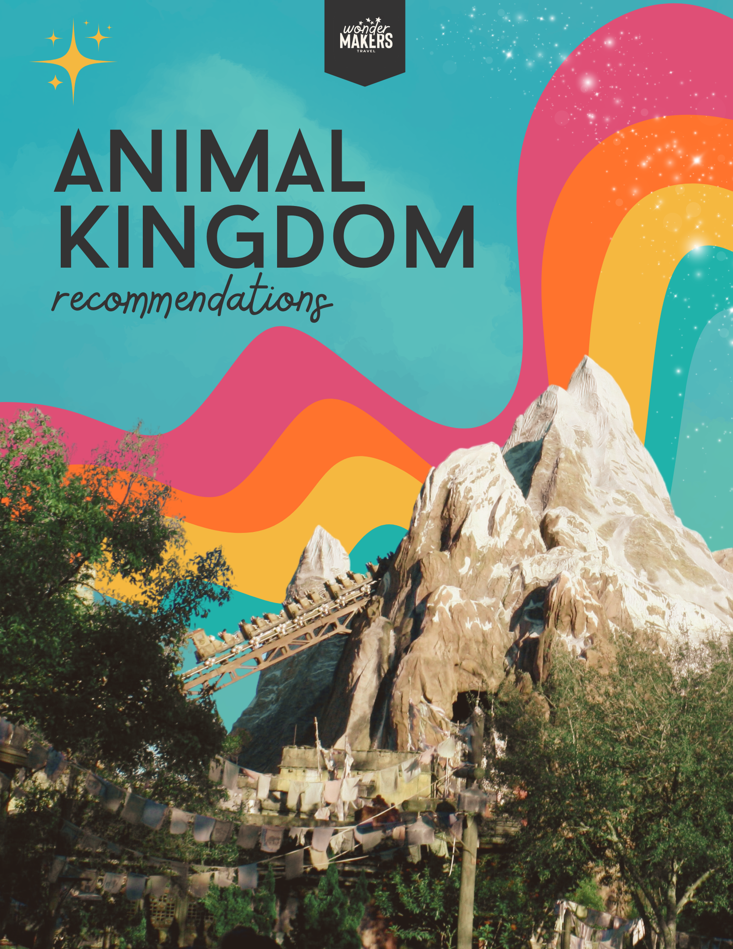 Promotional image of Expedition Everest mountain attraction with rainbow overlay and sparkle effects.