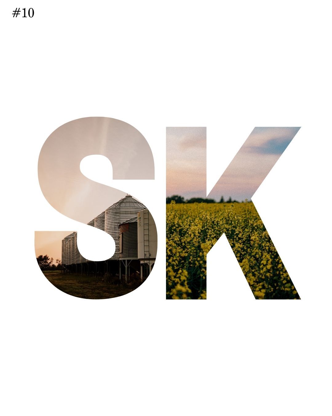 Large SK letters filled with a Saskatchewan canola field and grain elevator at sunset.