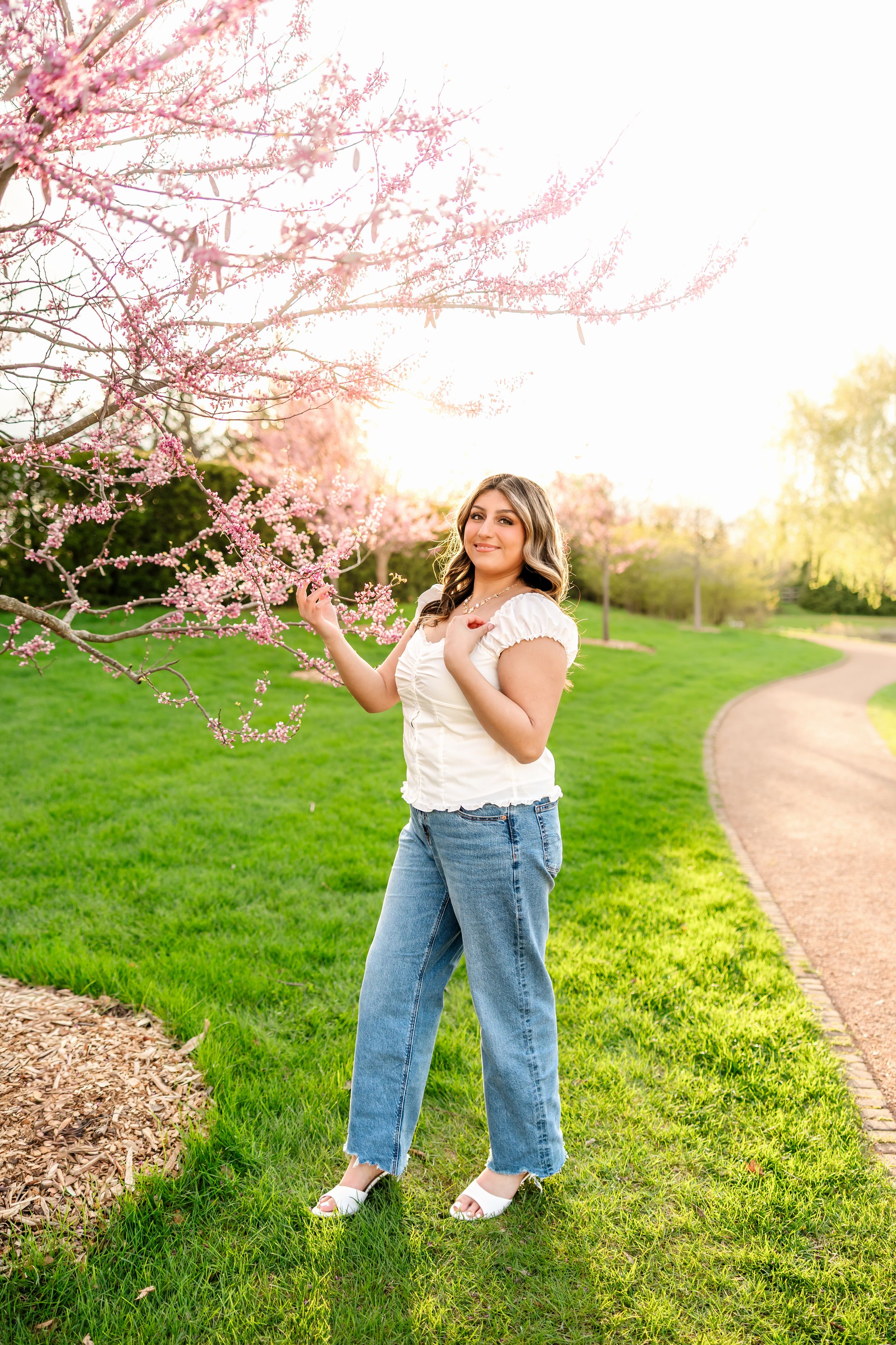 Young woman in white top and jeans touching pink cherry blossom tree branches in sunny spring park.