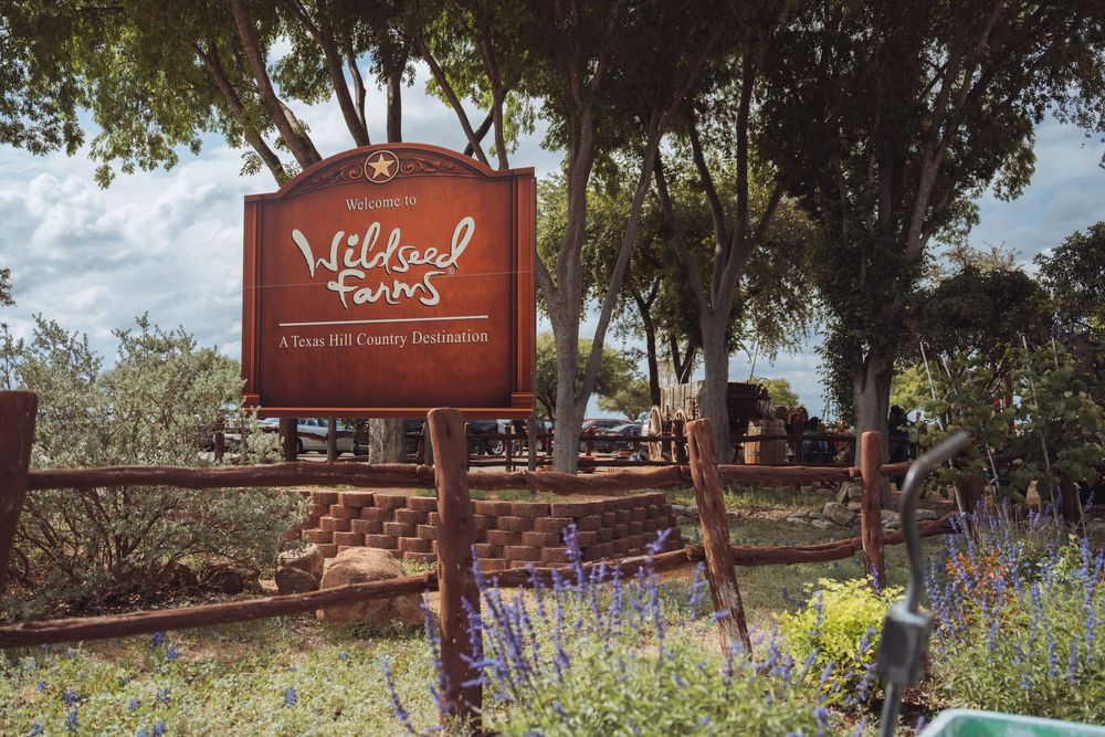Wildeal Farms Texas Hill Country destination sign surrounded by trees and purple wildflowers.