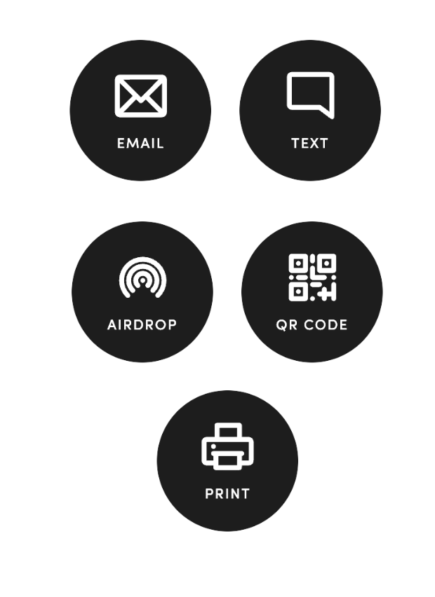 Five black circular icons showing sharing options: Email, Text, AirDrop, QR Code, and Print, each with a white symbol.
