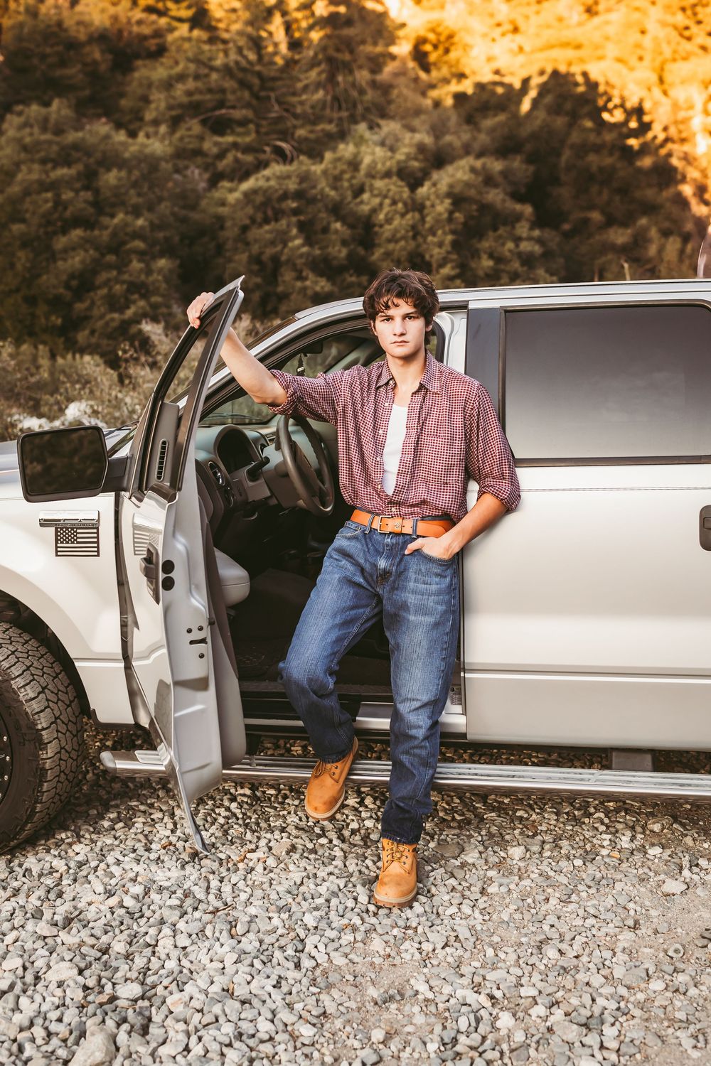 senior photo session in the southern california mountains with a truck with heidi grace photography