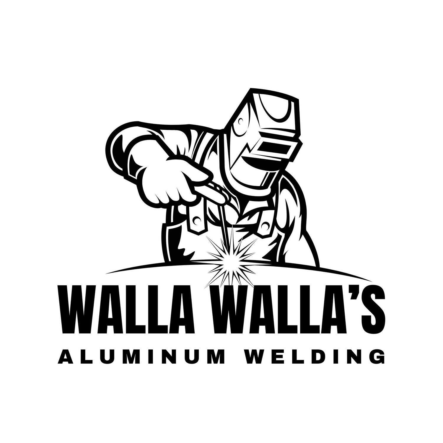 Black and white logo of a welder in action for Walla Walla's Aluminum Welding company.