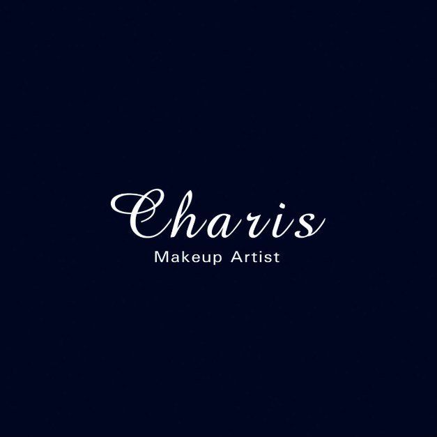 Charis Makeup Artist logo in elegant white script font on a deep navy blue background.