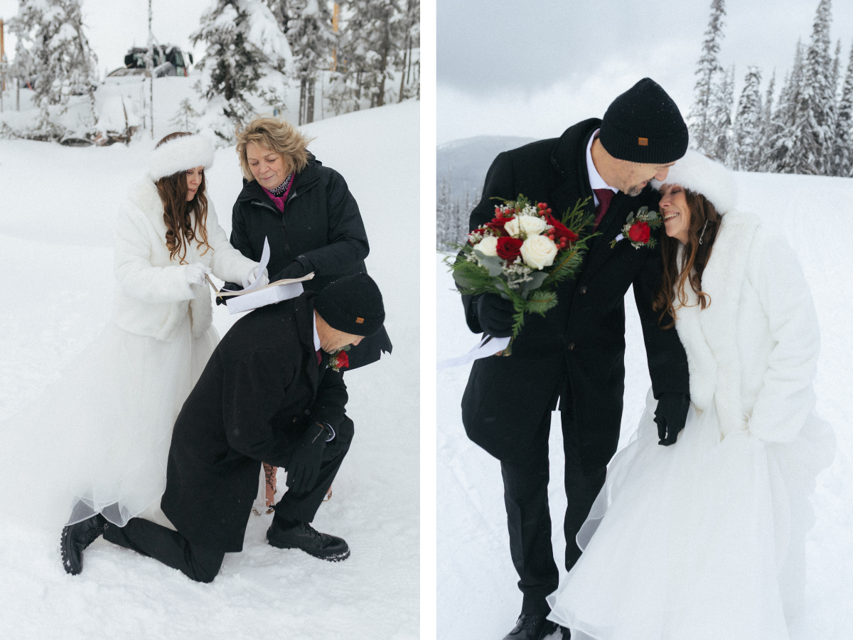 bride and groom laugh and nuzzle each other after elopement ceremony in BC