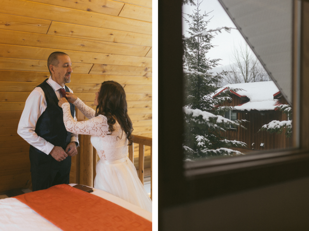35 mm film photo of bride fixing groom's tie while they get ready for their Revelstoke elopement in a cedar log cabin