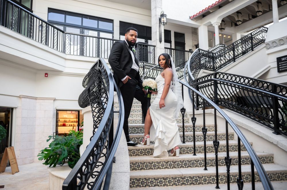Editorial style couple portrait in Palm Beach with European-inspired architecture