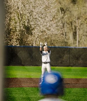 Baseball player celebrates on field with arms raised, blossoming trees in background, teammate visible in foreground.
