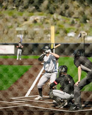 Baseball batter in pinstripes at home plate with catcher and umpire, ready to swing during a sunny outdoor game.