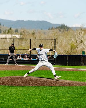 Baseball pitcher in white pinstripe uniform winds up to throw from the mound during an outdoor game on a sunny day.