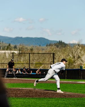 Baseball pitcher in white pinstripe uniform mid-throw on green field with mountains and blue sky backdrop.