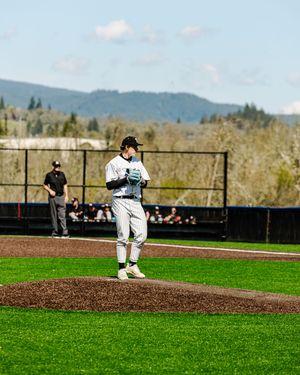 Baseball pitcher stands on mound in white uniform, green field, umpire and mountains visible in background.