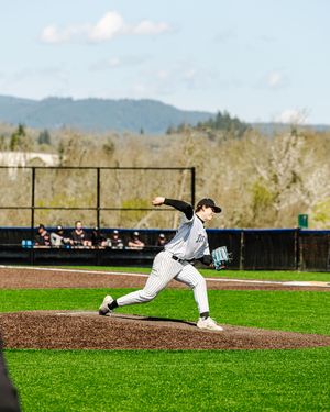 Baseball pitcher in white pinstripe uniform mid-windup on mound with green field and tree-lined hills in background.