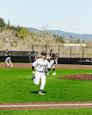 Baseball player in white pinstripe uniform fielding on a sunny green diamond with teammates and forested hills in background.