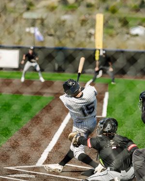 Titans baseball player number 15 swinging the bat at home plate with catcher and umpire nearby.