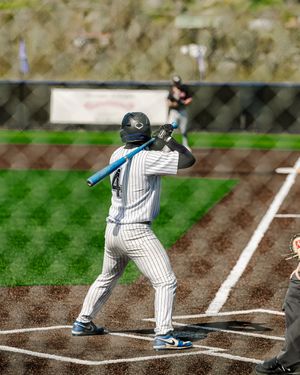 Baseball batter in white pinstripe uniform number 4 stands ready at home plate holding a blue bat during a game.