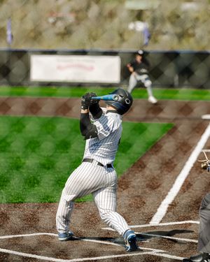 Baseball batter in pinstripe uniform swinging at home plate during a sunny outdoor game.
