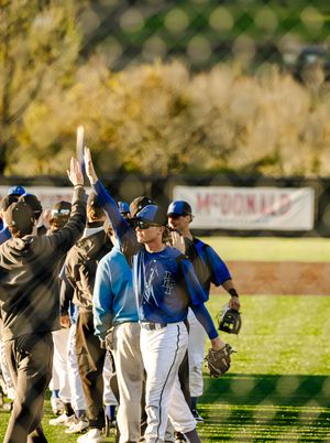 Blue-uniformed baseball players celebrate with high-fives on a sunny field near a McDonald's banner.