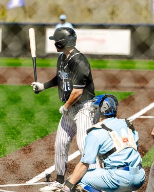 Baseball batter number 15 in black pinstripe uniform swings while catcher crouches behind home plate.