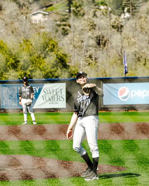 Baseball player in black pinstripe uniform catching a fly ball in the outfield during a sunny day game.