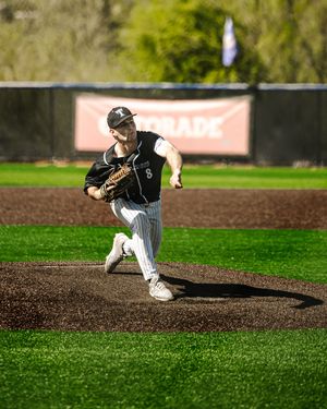 Baseball pitcher in black uniform number 8 delivers a pitch on a well-maintained green field during a sunny game.