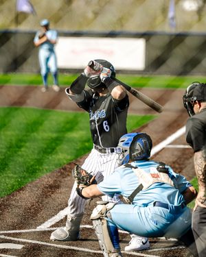 Baseball batter #6 in black pinstripe uniform swings at pitch with catcher and umpire behind.