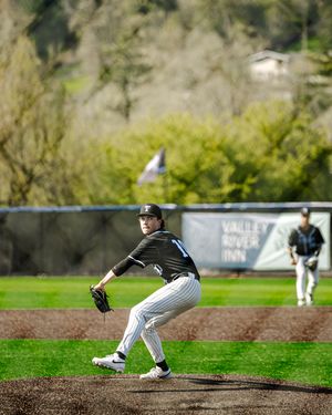 Baseball pitcher in black and white uniform winds up for a pitch on a green field with trees in the background.