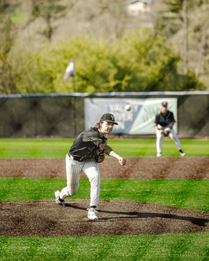 Baseball pitcher in black uniform mid-throw on mound, with outfielder visible in background on green field.