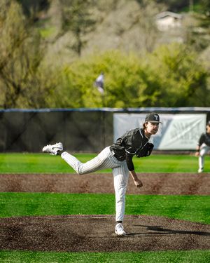 Baseball pitcher in black and white uniform mid-throw on a green field during a sunny spring game.
