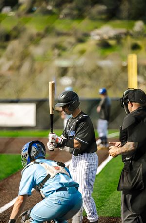Baseball batter in pinstripe uniform at home plate with catcher and umpire during a daytime game.