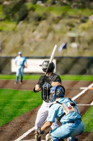 Baseball batter in black uniform prepares to swing as catcher crouches behind home plate.
