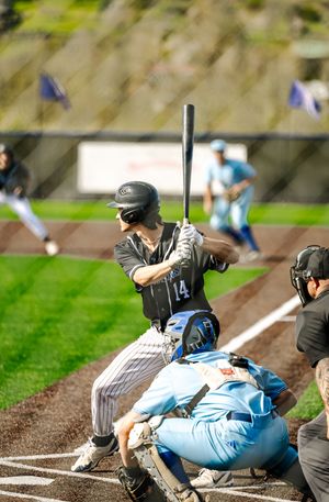 Baseball batter in number 14 jersey swings at pitch while catcher crouches at home plate during a sunny game.