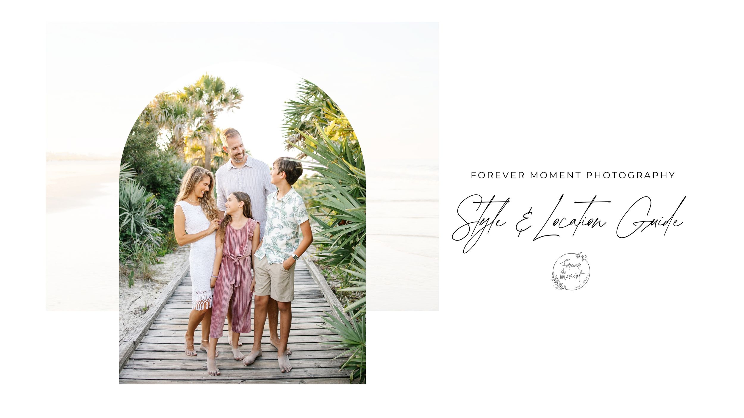 Family portrait session on a wooden boardwalk surrounded by tropical greenery by Forever Moment Photography.