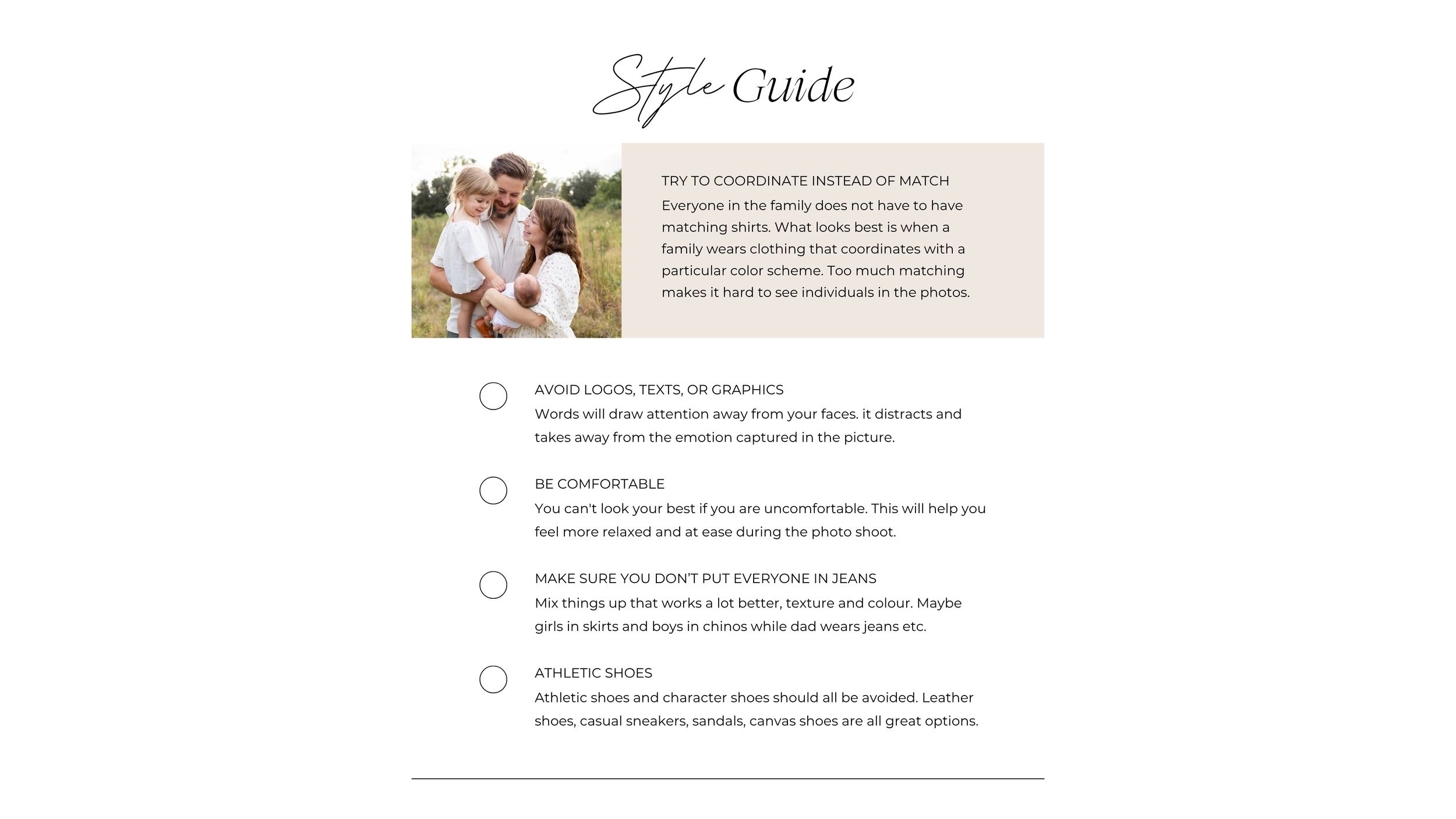 A style guide for family photography sessions with tips on coordinating outfits and colors.