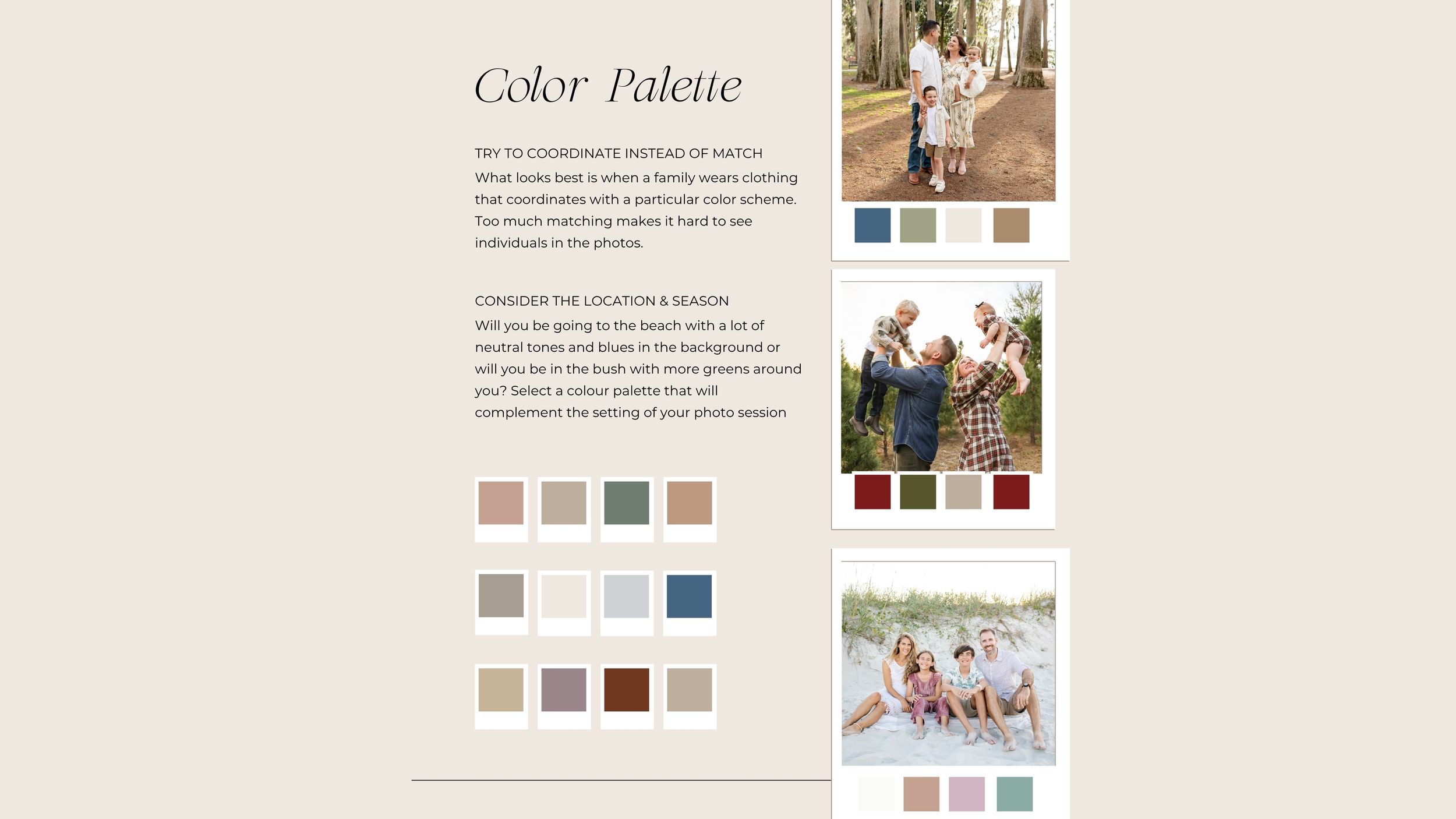 Color palette guide for family photo sessions featuring earthy tones, neutrals, and coordinating outfit suggestions.