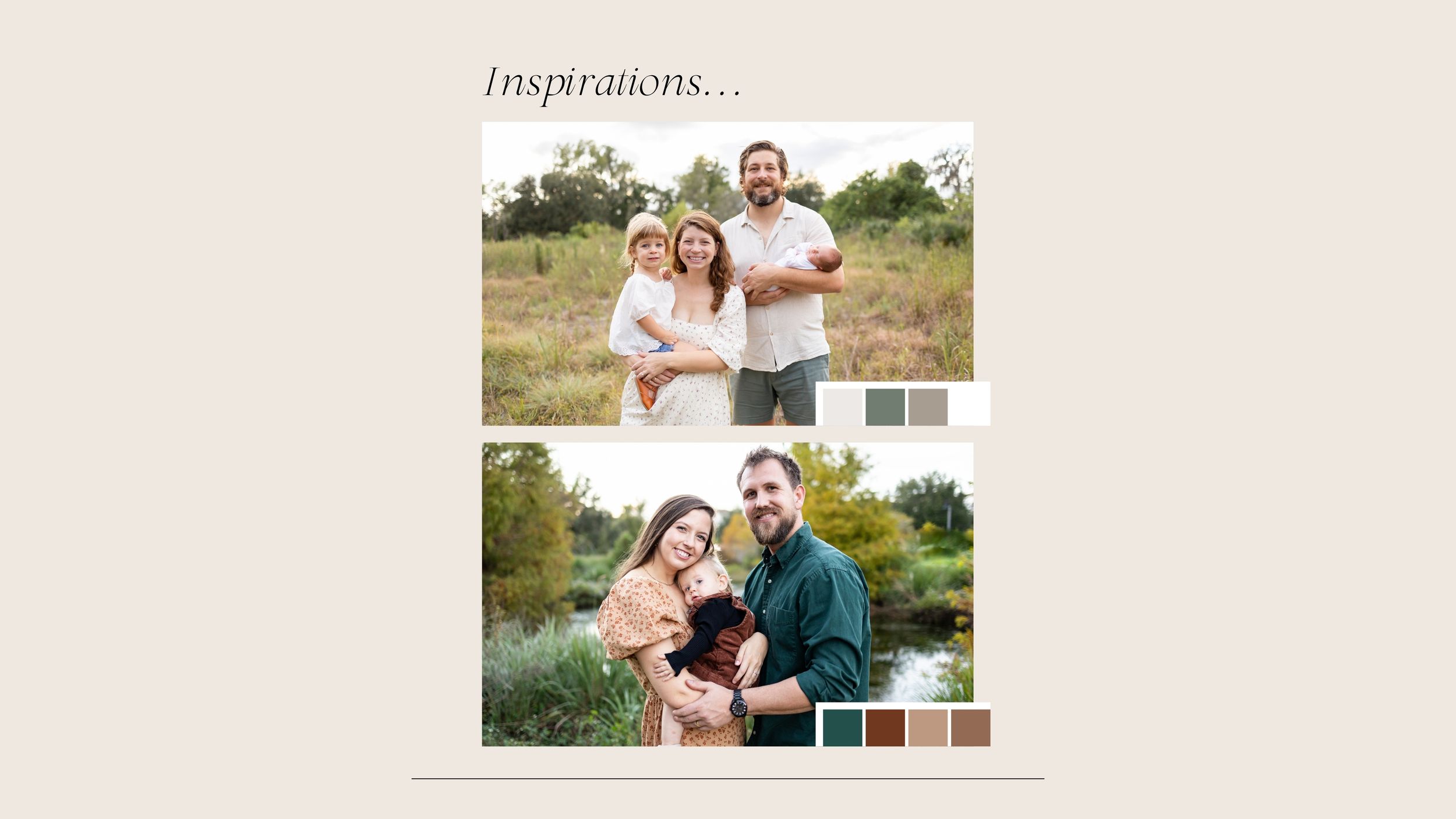 Family photography inspiration showing coordinated outfits in natural outdoor settings with color palettes.