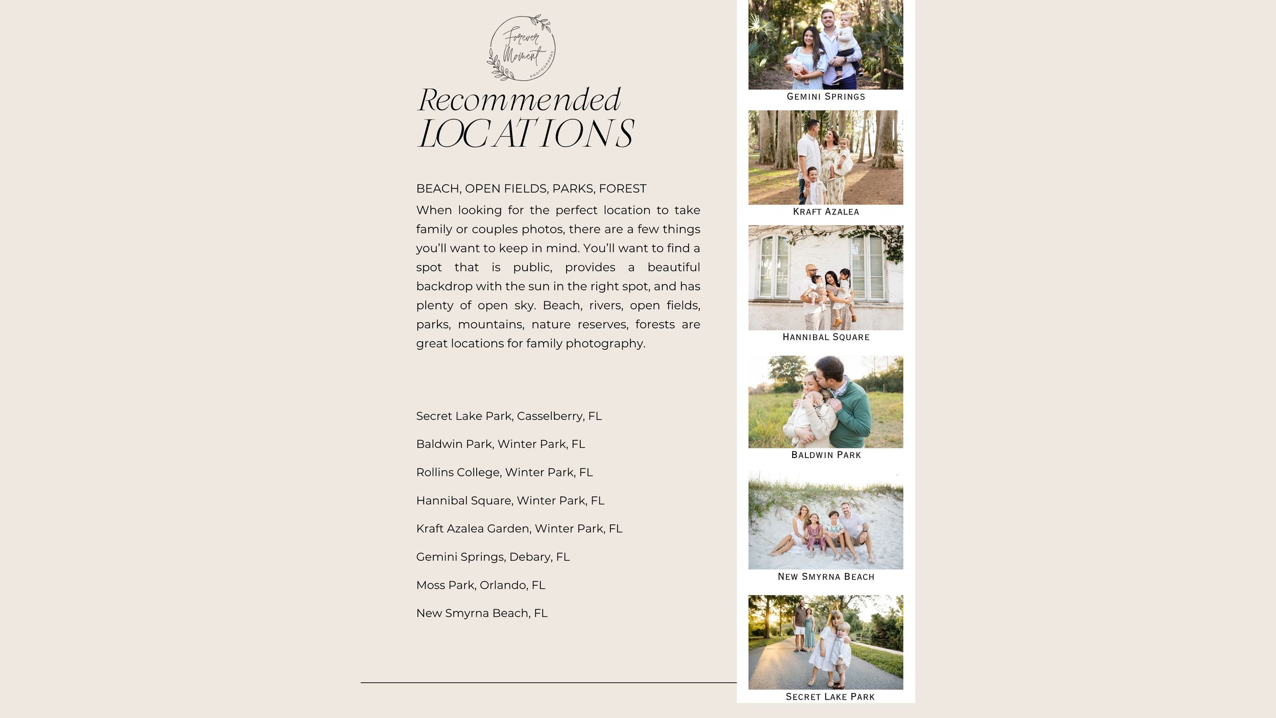 Recommended photography locations guide featuring beach, park, and outdoor venues in Florida with sample family photos.