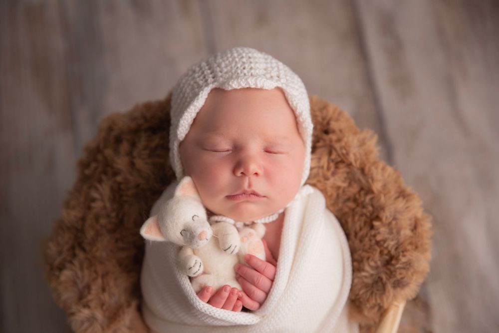 Sleeping newborn baby wrapped in white swaddle with knit bonnet holding a small white stuffed animal toy.