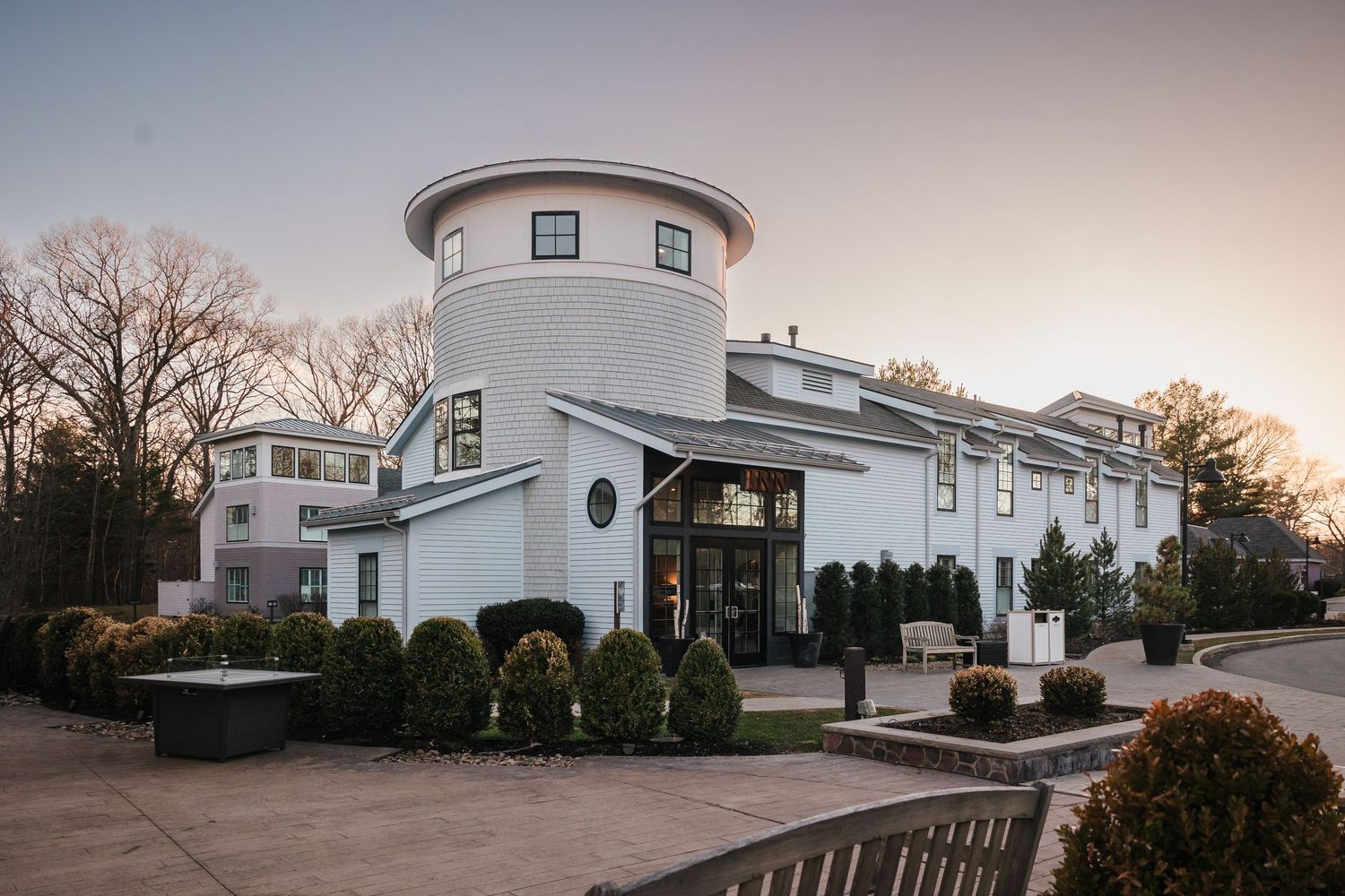 Exterior of Briar Barn Inn wedding venue in Rowley Massachusetts at sunset