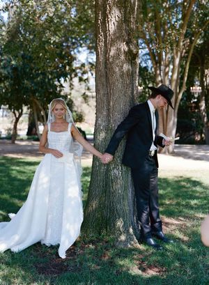 Playful wedding couple poses behind trees in a romantic outdoor photo sequence showing five similar shots.
