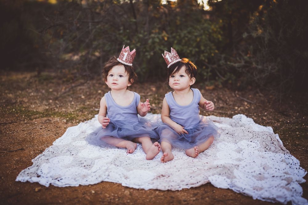 Two adorable twin toddler girls in matching gray dresses and pink crowns for their first birthday photo session in redlands ca