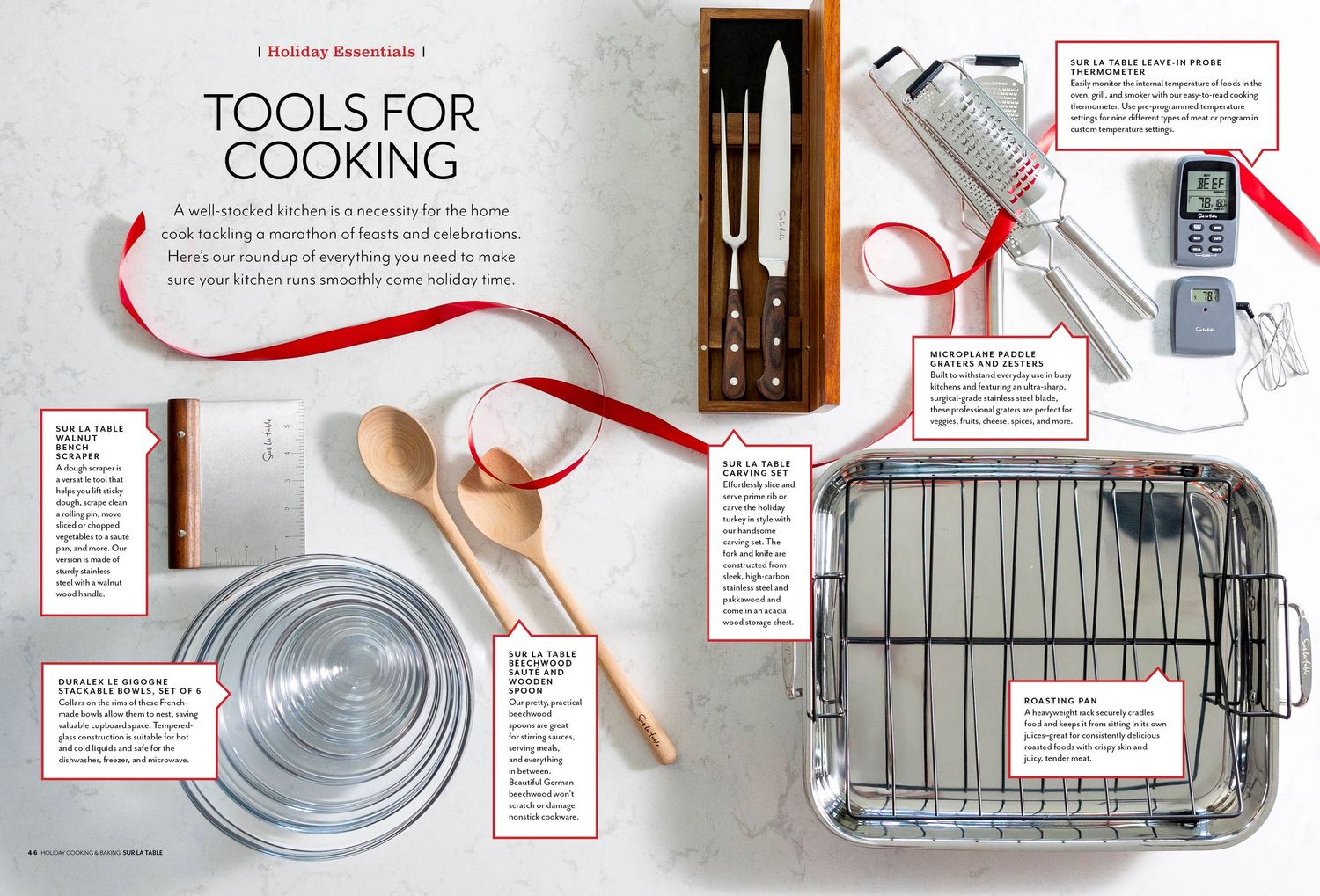 Overhead view of cooking tools and baking equipment with labeled instructions.
