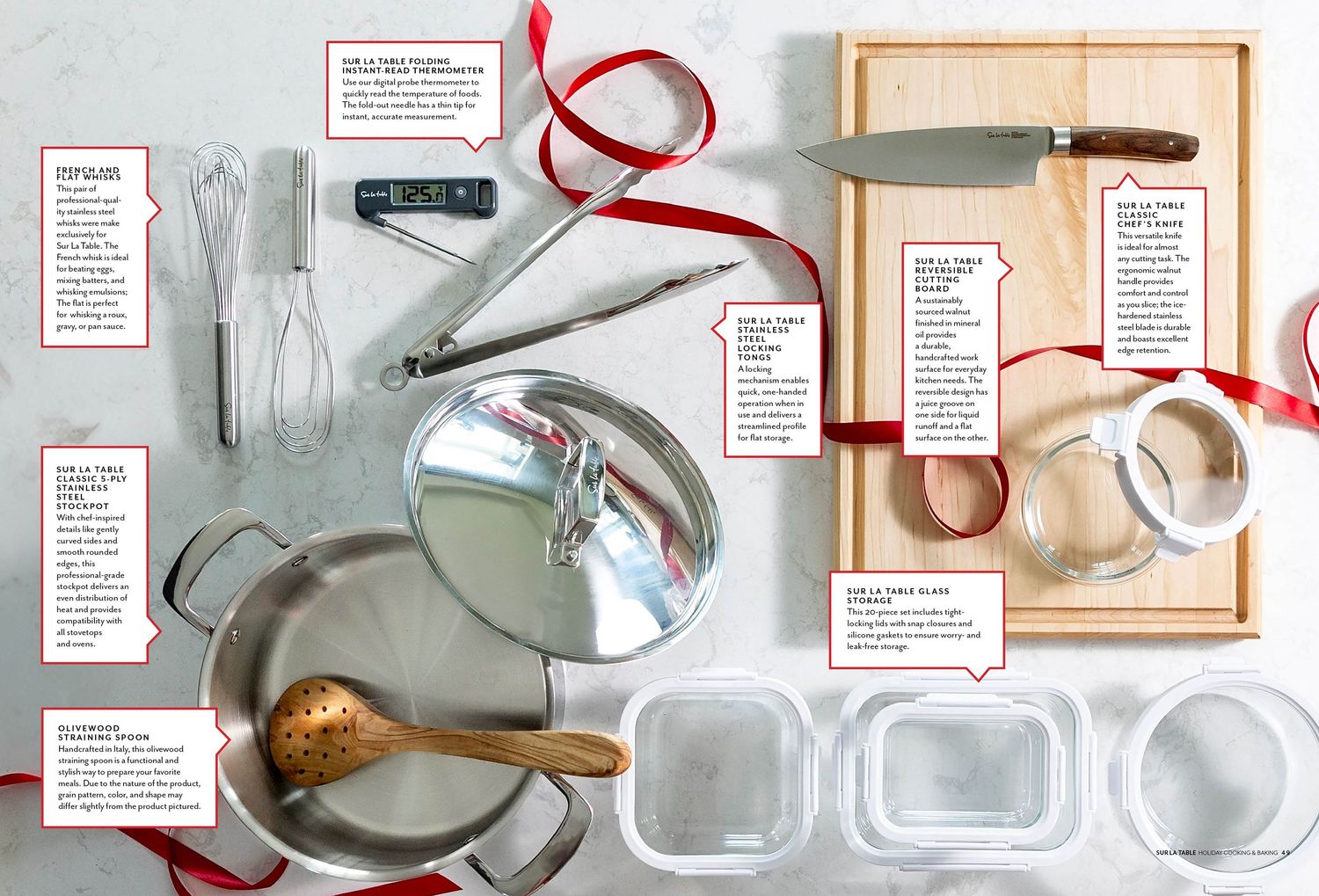 Flat lay of kitchen utensils and baking tools with descriptive text labels.