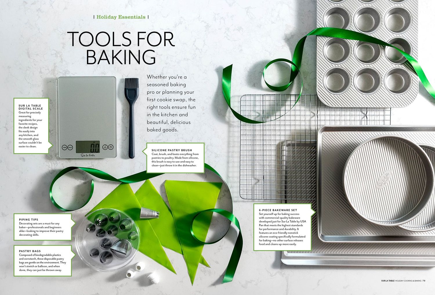 Collection of baking tools and kitchen equipment arranged on a white background.