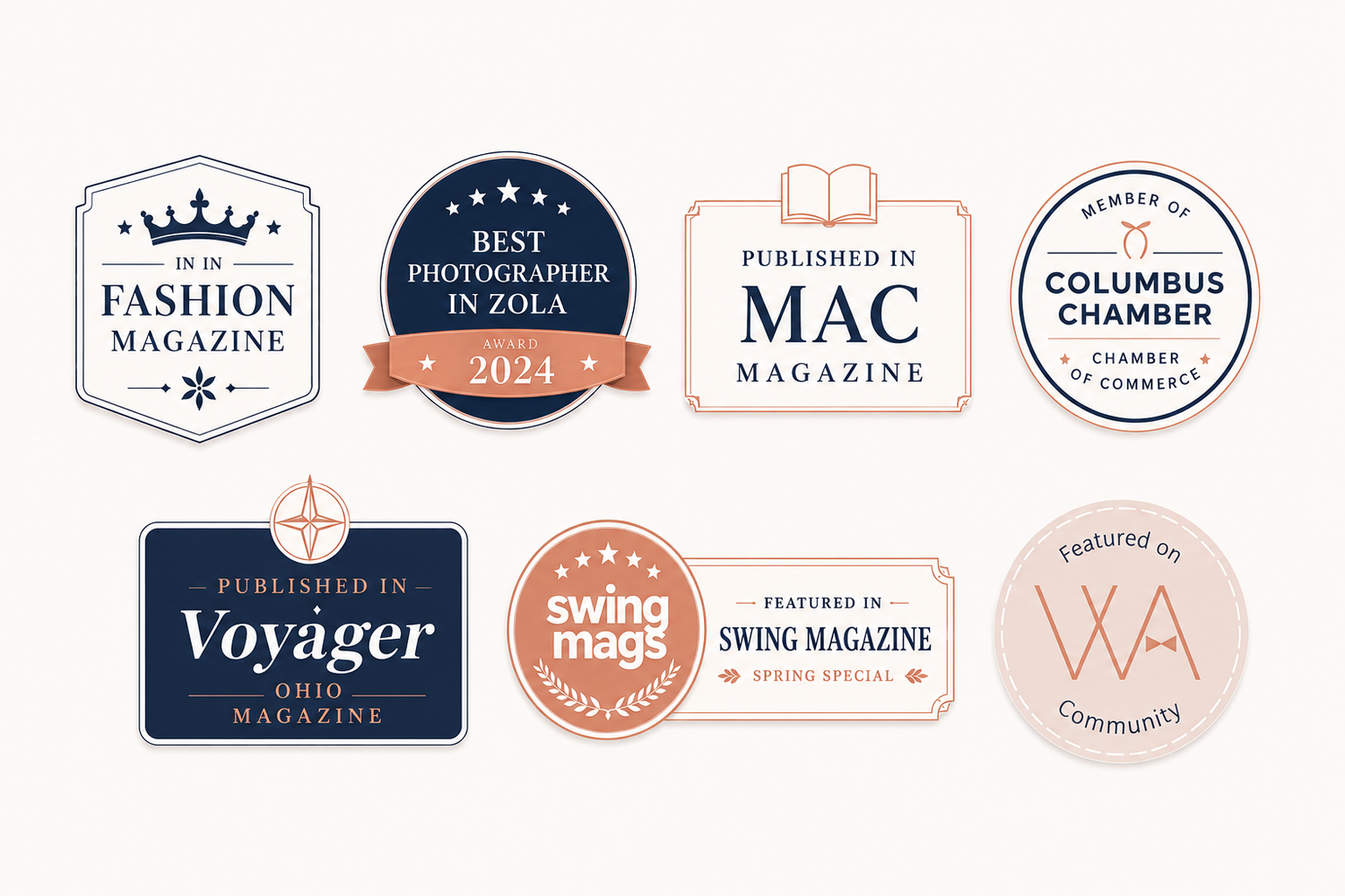 Six professional badges including Fashion Magazine, Best Photographer Nicola 2024, MAC Magazine, Columbus Chamber, swing and Voyager awards.