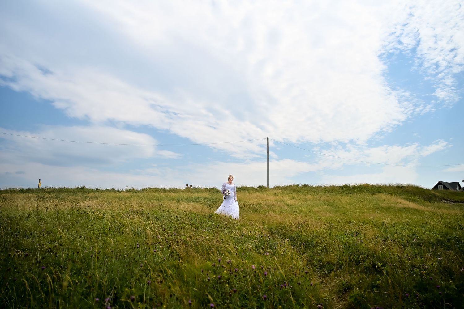 Bride walking down the grassy Middle Cove hill as her natural aisle, with blue sky, green field, and a contrasting white dress.